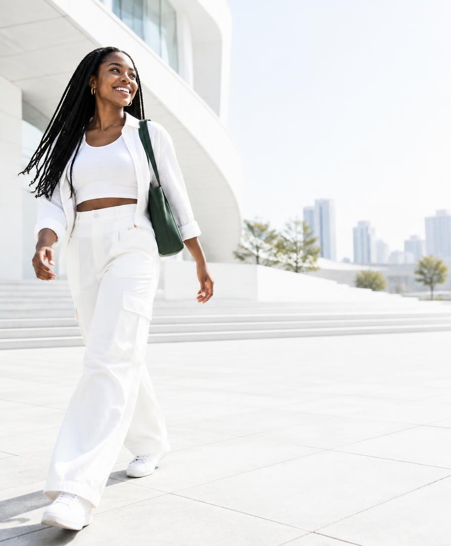 A young woman walking through a bright plaza